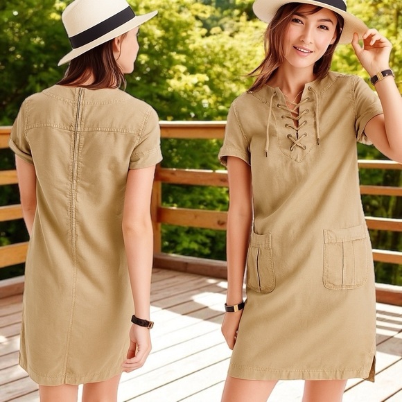 J. Crew Dresses & Skirts - J. Crew Lace up V-Neck Canvas Short Sleeve Khaki Midi Dress Safari Summer 10